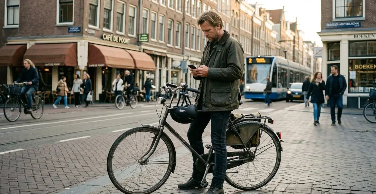 Un cycliste trentenaire consulte son téléphone devant son vélo en ville, casque posé sur le guidon