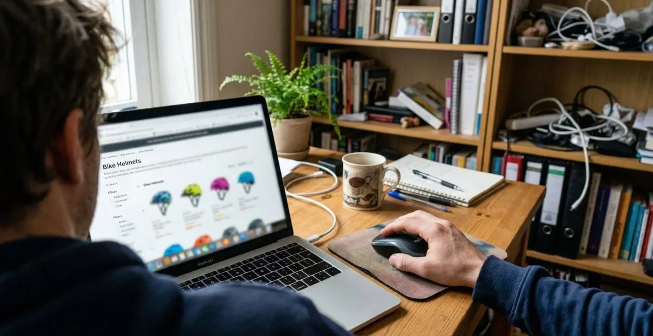 Mains d'une personne utilisant une souris devant un écran d'ordinateur affichant une page de casques vélo, bureau à domicile