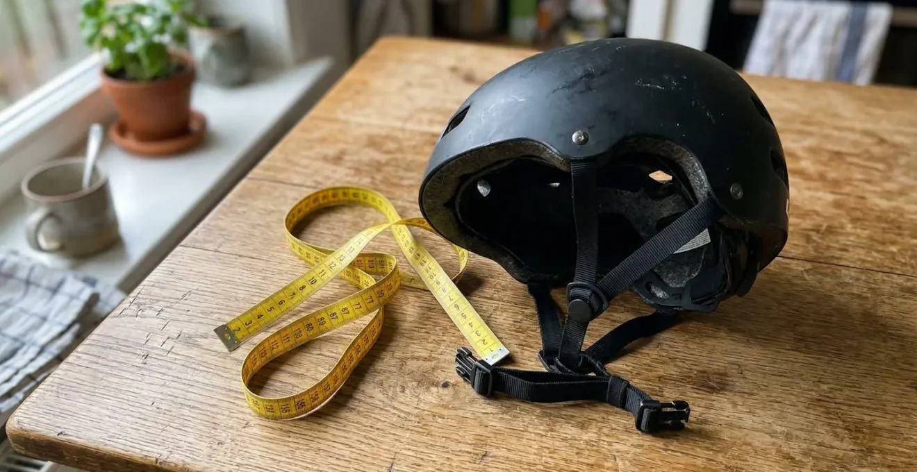 Mètre ruban souple posé à côté d'un casque vélo sur une table, ambiance domestique lumineuse